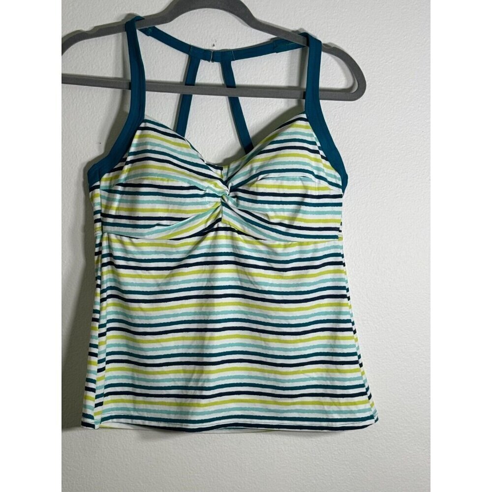 Title Nine Pele Tankini Top 36C Striped Teal Blue SWIM BEACH PADDLEBOARD SURFING